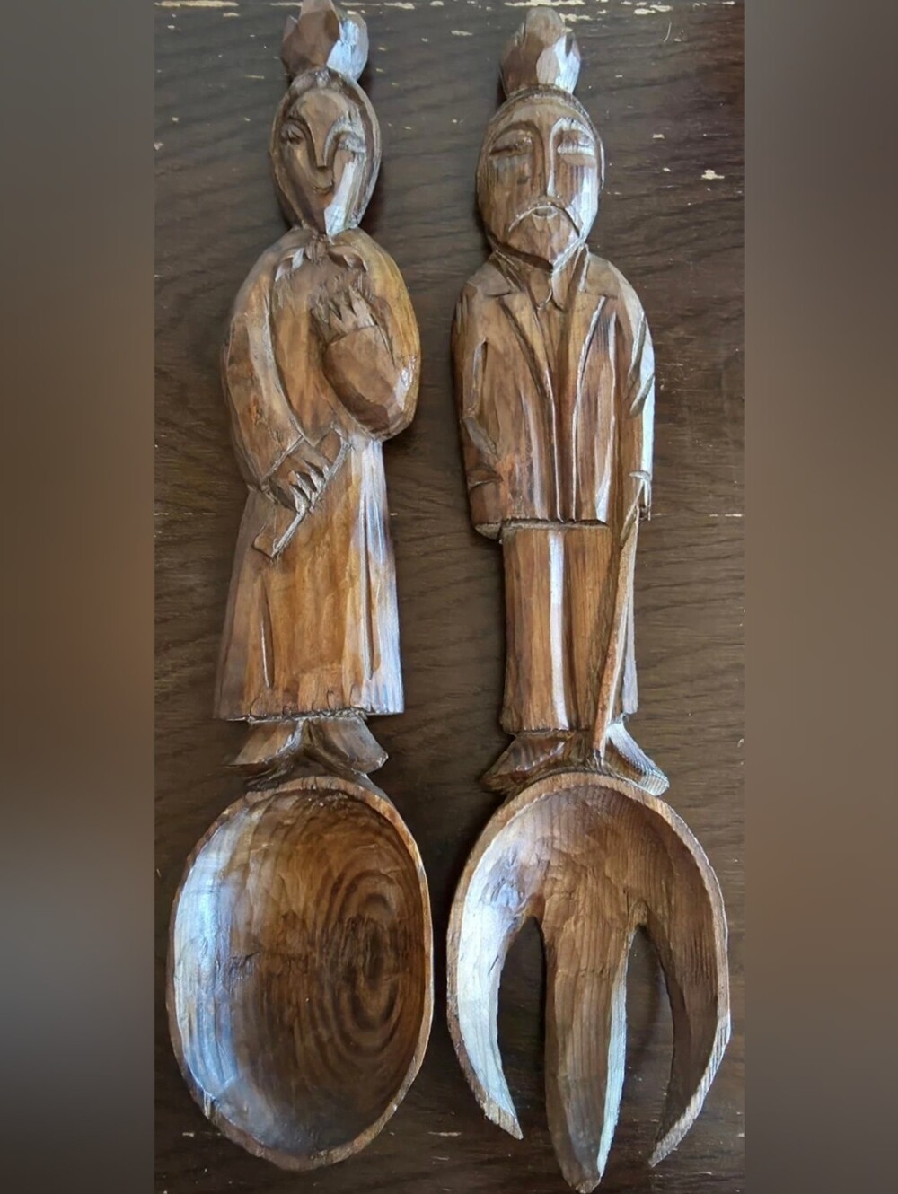 Hand-Carved Wooden Salad Server Set in Natural Brown